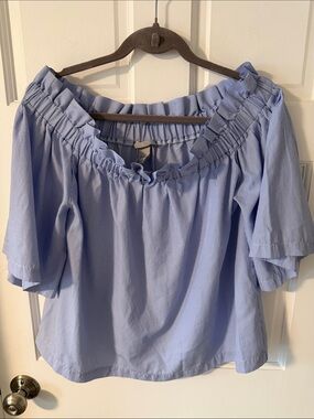 H&M Light Blue Pinstripe Ruffled Off-Shoulder Top Coastal Nautical Size 14